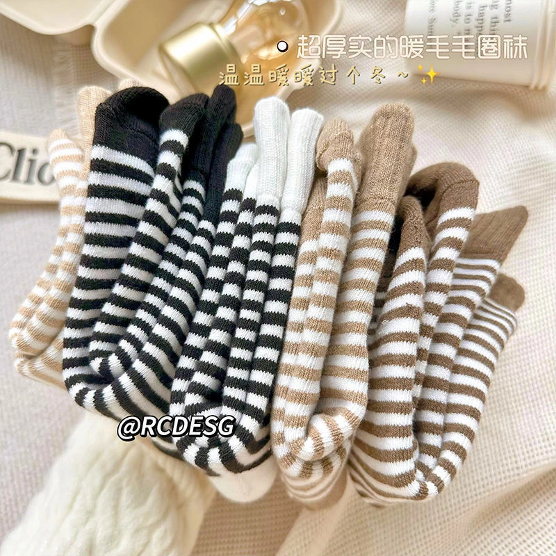 冬季条纹袜子保暖女袜加厚学生羊毛袜子百搭情侣袜ins日系学院风