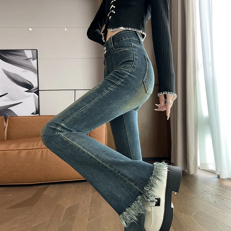 流苏微喇牛仔裤女2023年新款秋季弹力显瘦加长辣妹开叉喇叭拖地裤