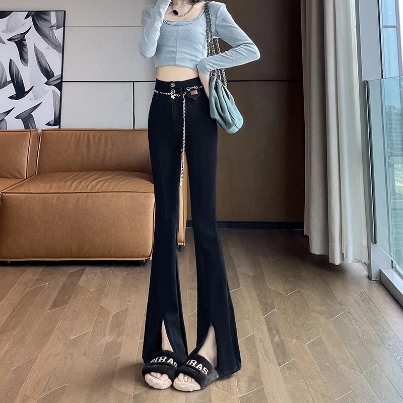 黑色开叉牛仔裤女夏季薄款2023年新款女士高腰显瘦拖地微喇叭裤子