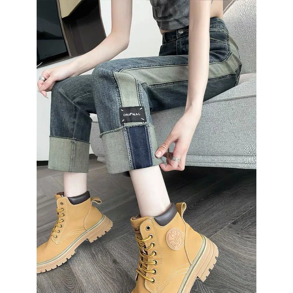 复古卷边窄版烟管牛仔裤女2024秋高腰弹力小个子撞色法棍直筒裤子