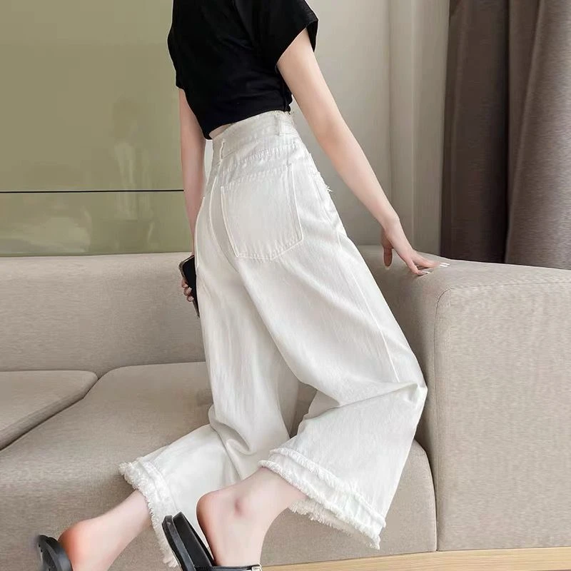 白色牛仔裤女夏季薄款2024新款垂感高级感宽松直筒小个子阔腿裤子