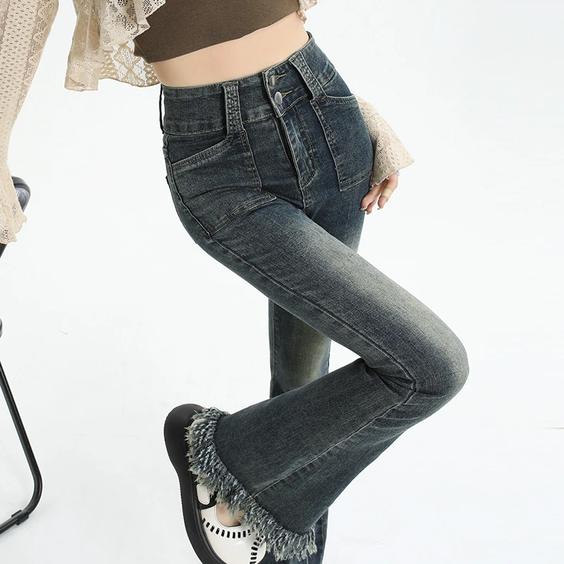 毛边流苏微喇牛仔裤女秋季2023新款高腰显瘦弹力修身大码喇叭裤子
