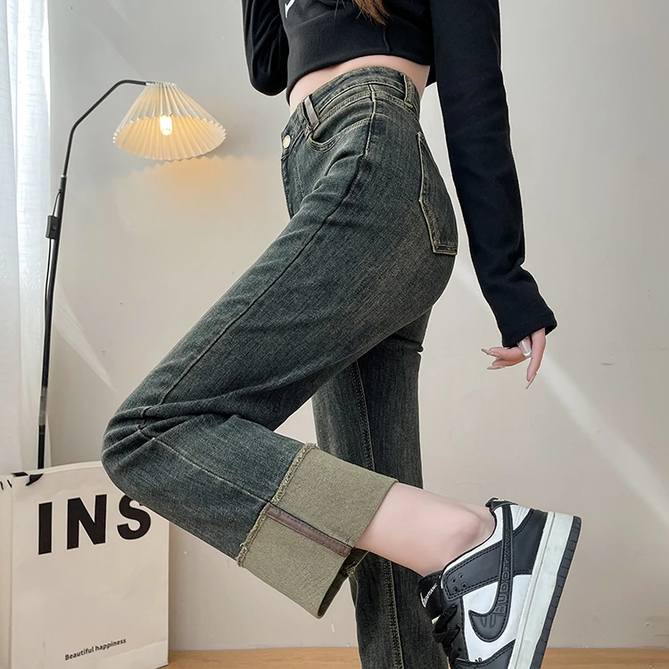 新款水泥灰撞色烟管牛仔裤女2023秋季高腰显瘦八九分小个子直筒裤