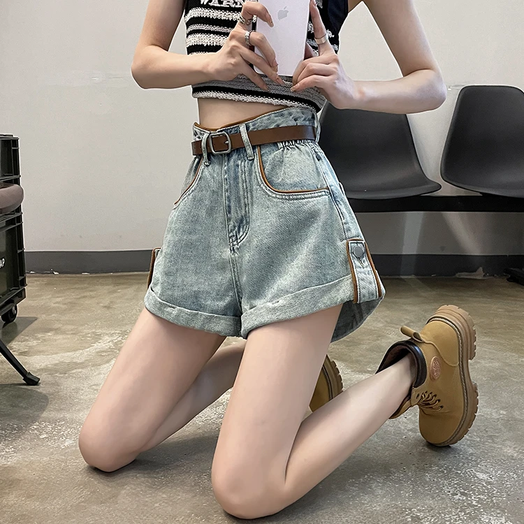 卷边牛仔短裤你夏大码胖mm高腰宽松遮胯显瘦韩版辣妹a字阔腿热裤