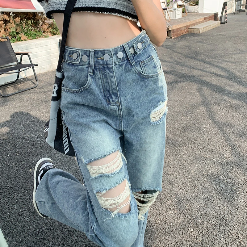潮款百搭时尚破洞直筒牛仔裤女新款季破洞牛仔裤女款爆款2025新款