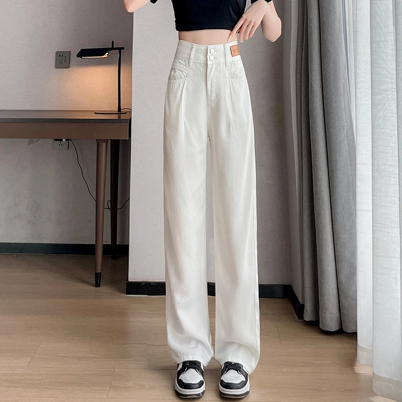 卓艺天资白色天丝牛仔裤女2024新款拖地裤显瘦垂感裤子薄款宽松阔