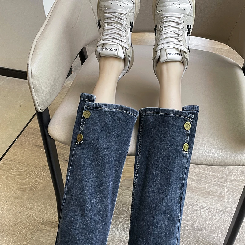 直筒牛仔裤女2023年春秋夏季新款高腰显瘦小个子开叉九分烟管裤子