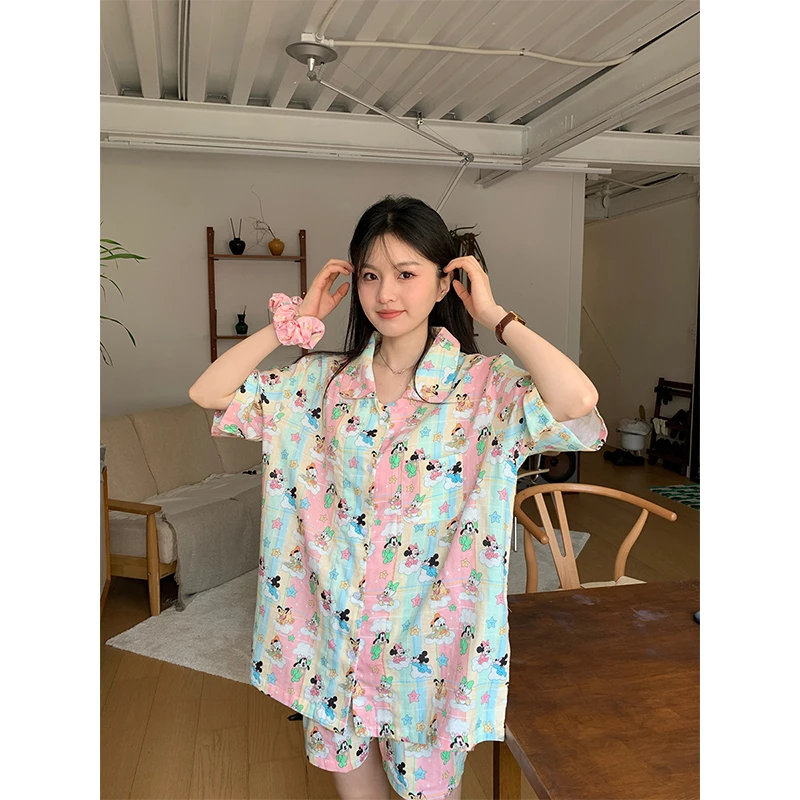 可爱卡通米奇印花短袖短裤云朵棉睡衣套装女夏季少女可外穿家居服