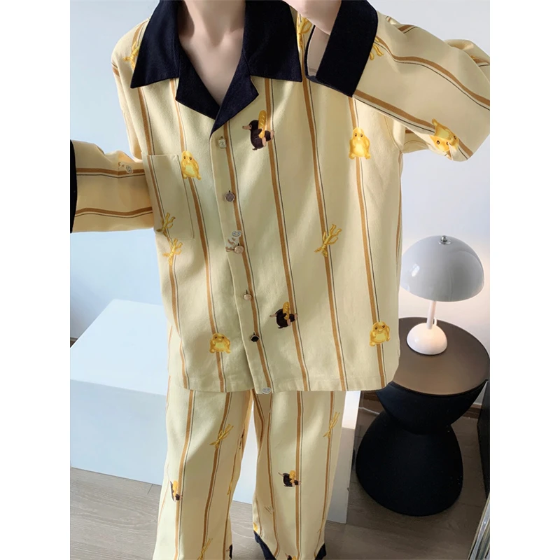 ins韩风少女条纹休闲长袖睡衣女春秋款2024新款大码家居服两件套