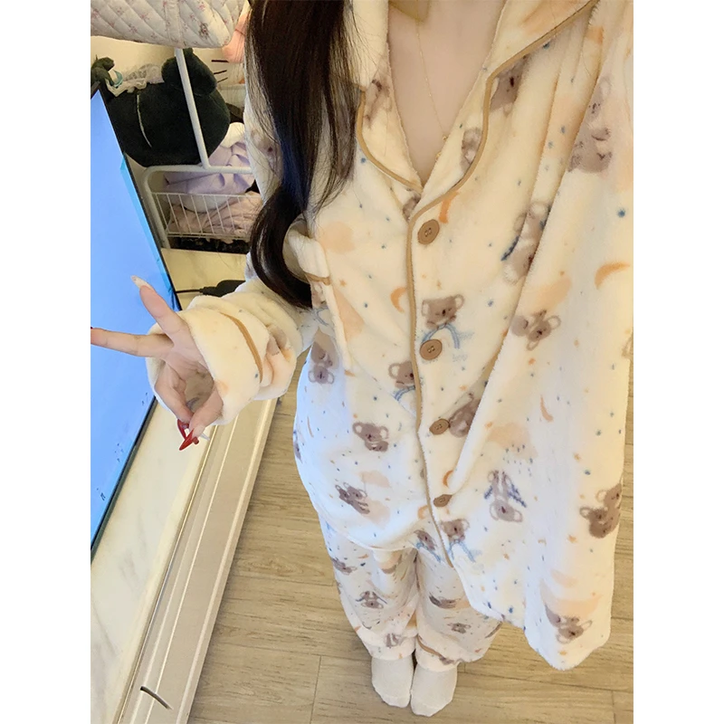 考拉软糯珊瑚绒睡衣女秋冬季新款加厚保暖法兰绒亲肤家居服套装