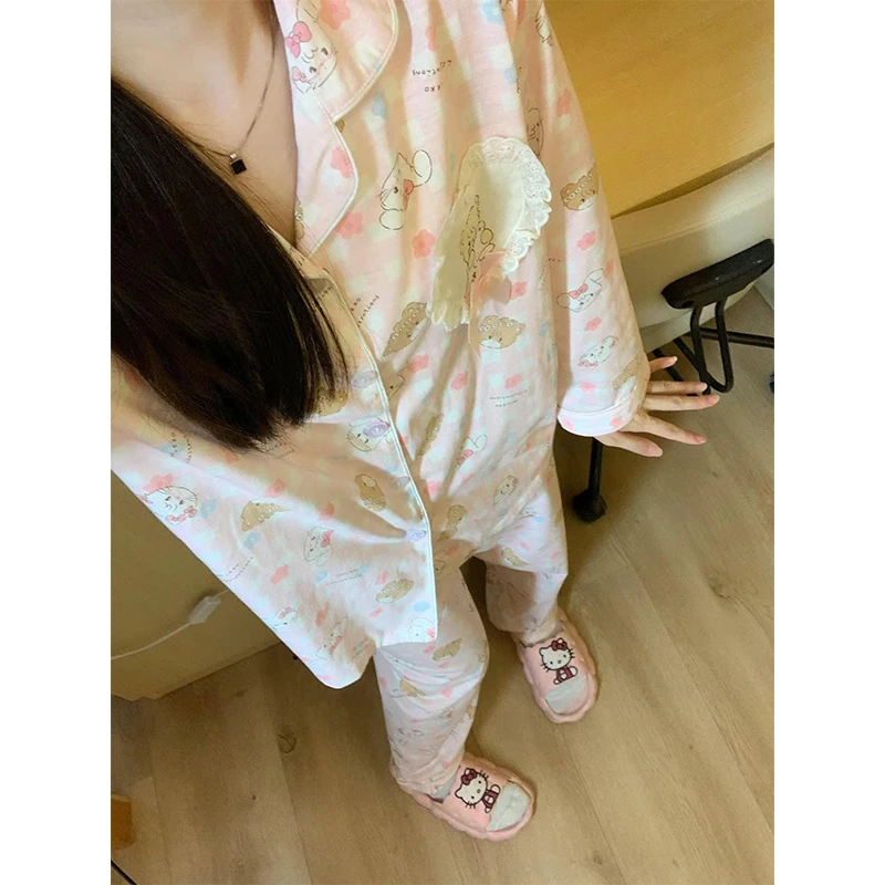 睡衣女春秋长袖长裤薄款2024新款卡通可爱小熊夏款女士家居服套装