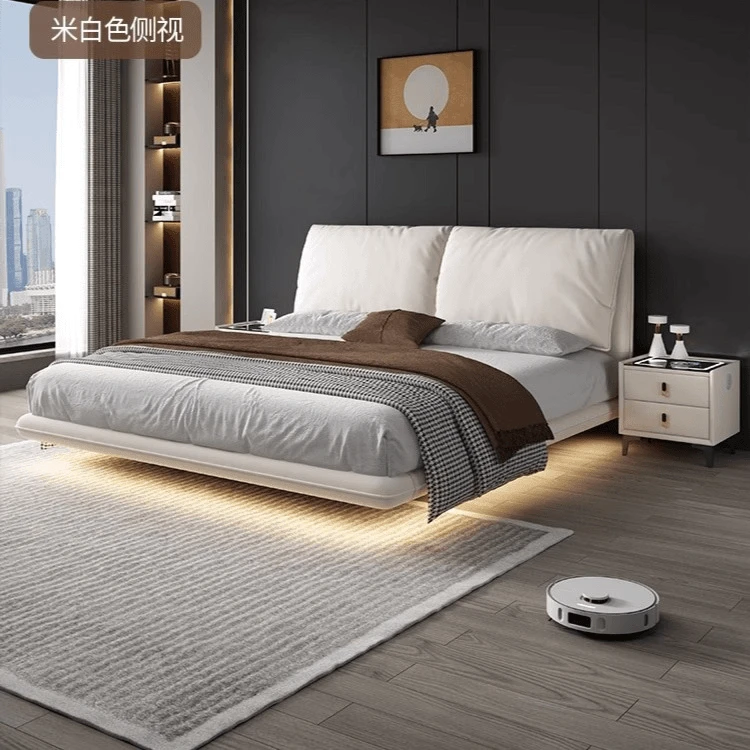 奶油风悬浮床软包米白大象耳朵床架子主卧室双人床感应灯网红床