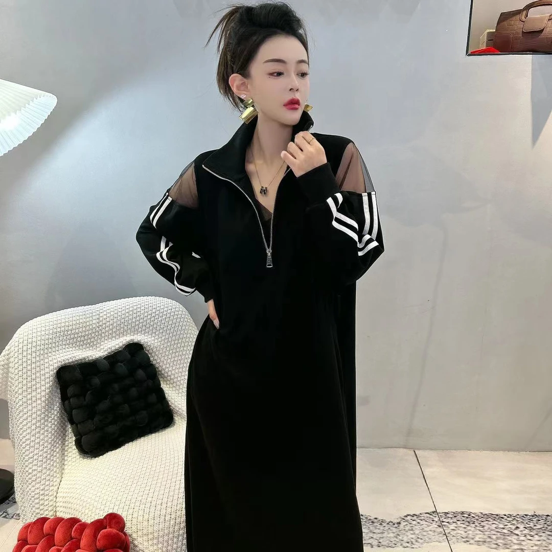 【Kqys】初秋气质时尚休闲百搭长袖显瘦拼接蕾丝宽松连衣裙F86024