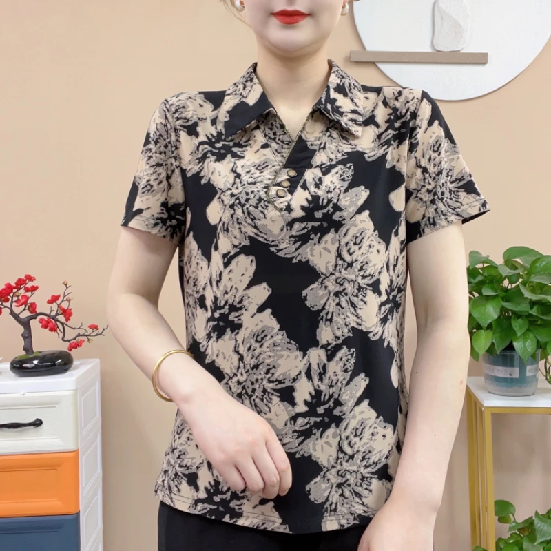 新款夏装女装短袖t恤洋气妈妈装夏季休闲翻领上衣气质显瘦