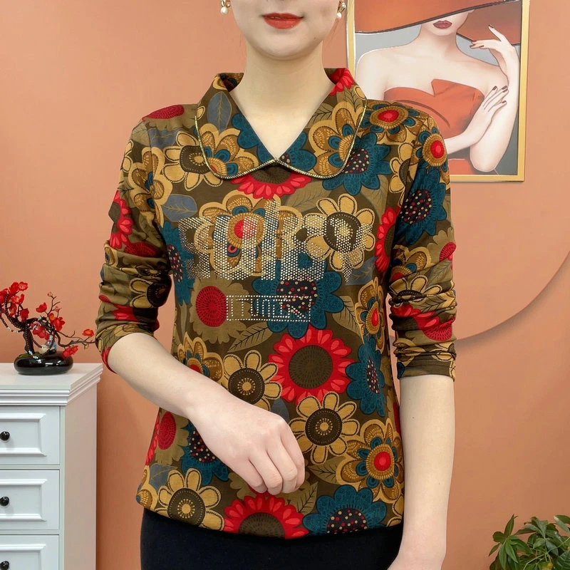 中年妈妈装春装长袖t恤打底衫春季印花洋气小衫气质显瘦百搭通勤