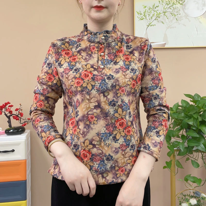 春季妈妈装长袖加绒打底衫新款中老年女士春秋保暖上衣复古