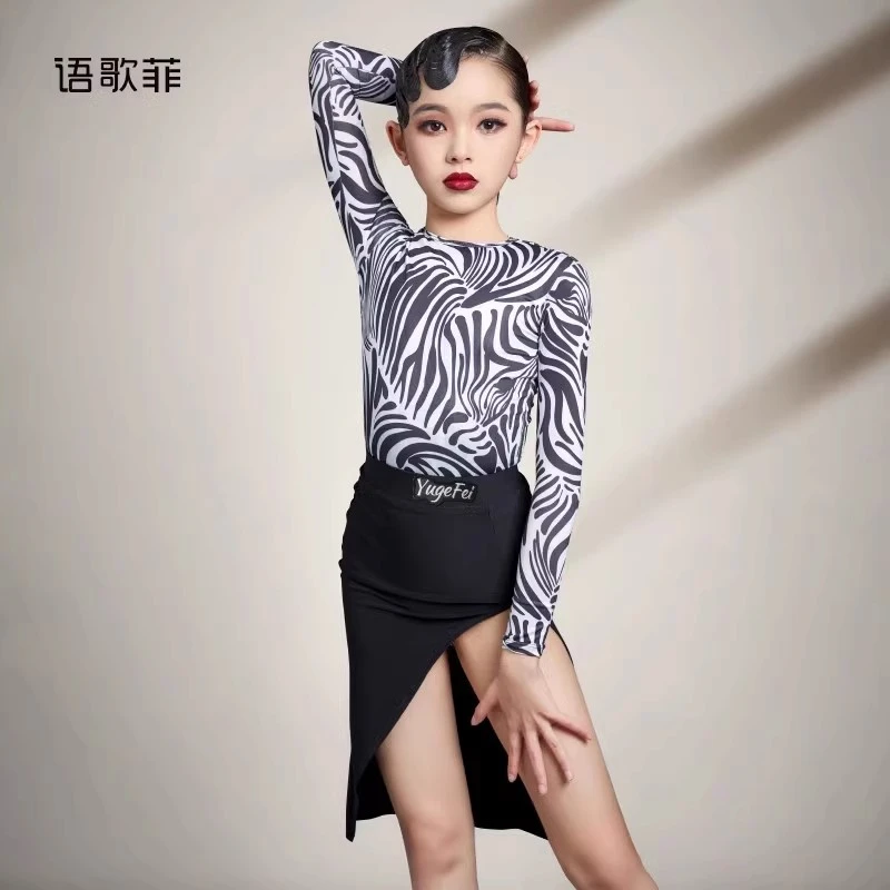 语歌菲拉丁舞服女儿童长袖豹纹新款上衣舞裙套装练功服网红高级感
