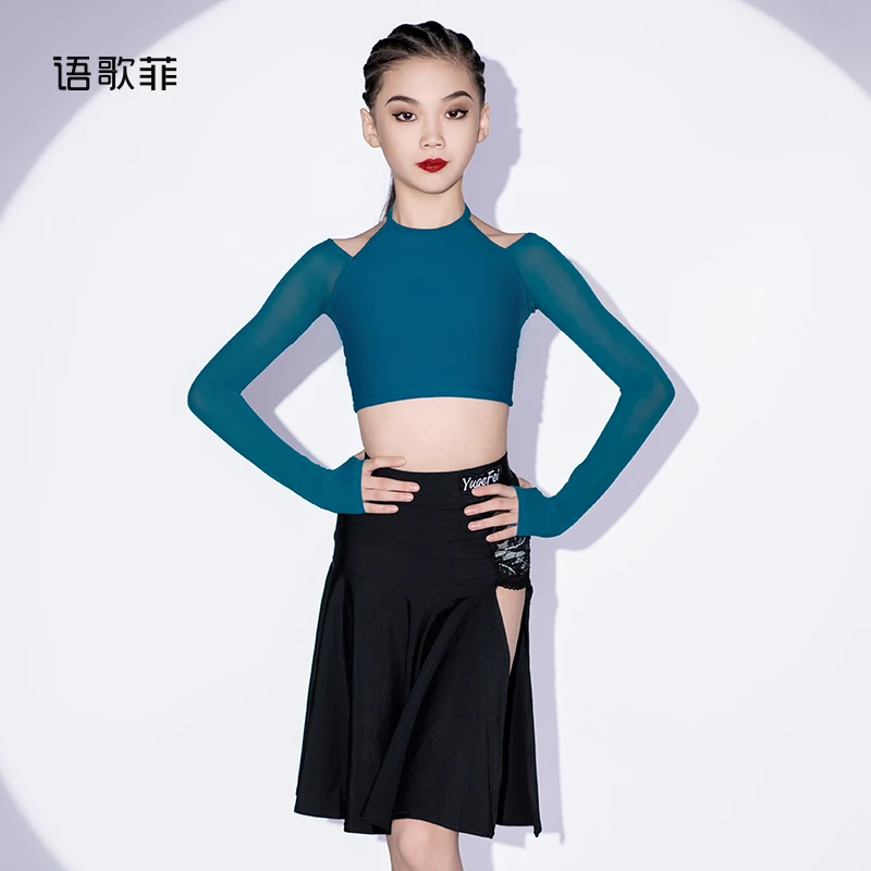 语歌菲拉丁舞服女童秋冬长袖蕾丝网纱拼接2024新款专业练功服套装
