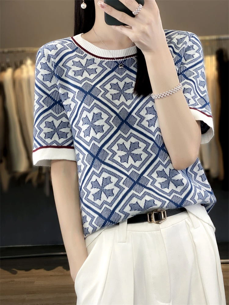 针织衫女夏季短袖100%纯棉柔软透气亲肤 短款上衣宽松百搭小潮众