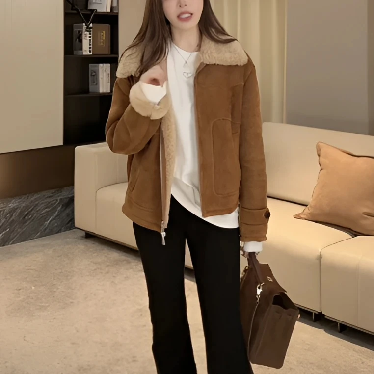 【秋衣风浓】美利奴反绒面羊毛翻领外套2024冬季加厚保暖休闲上衣女