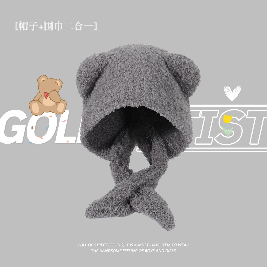 GOLDARTIST可爱小熊帽子围巾两件套女生秋冬2024新款护耳保暖围脖