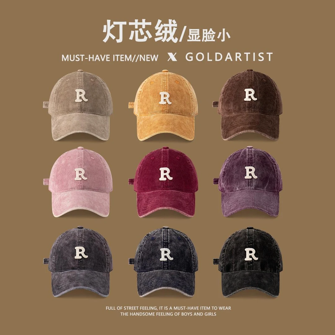 R字母灯芯绒鸭舌帽秋冬女2025新款宽帽檐帽子男百搭显脸小棒球帽
