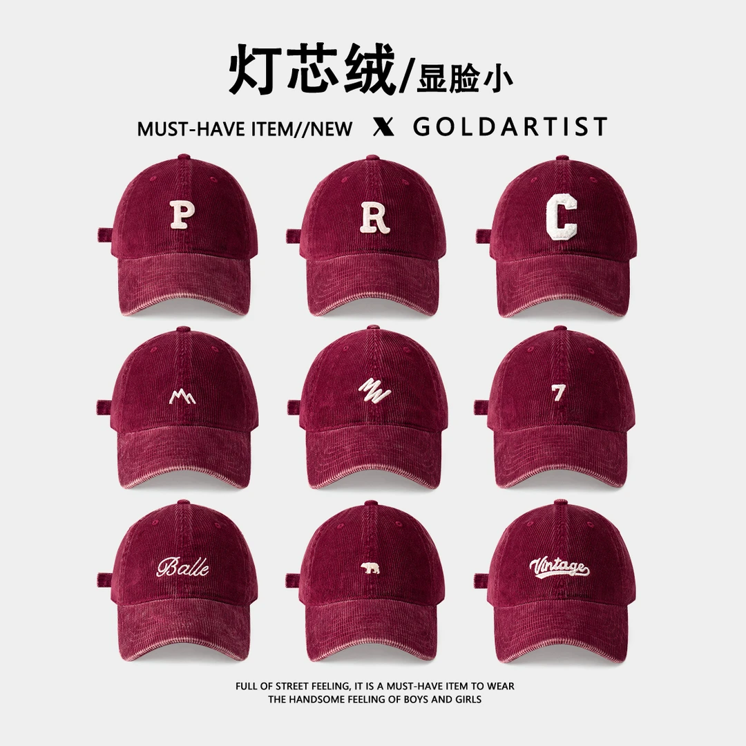 GOLDARTIST红色灯芯绒鸭舌帽女2025新款秋冬棒球帽软顶百搭男帽子