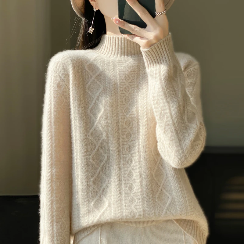暖到心坎里！七针加厚绞花半高领100羊毛衫女百搭秋冬冬季
