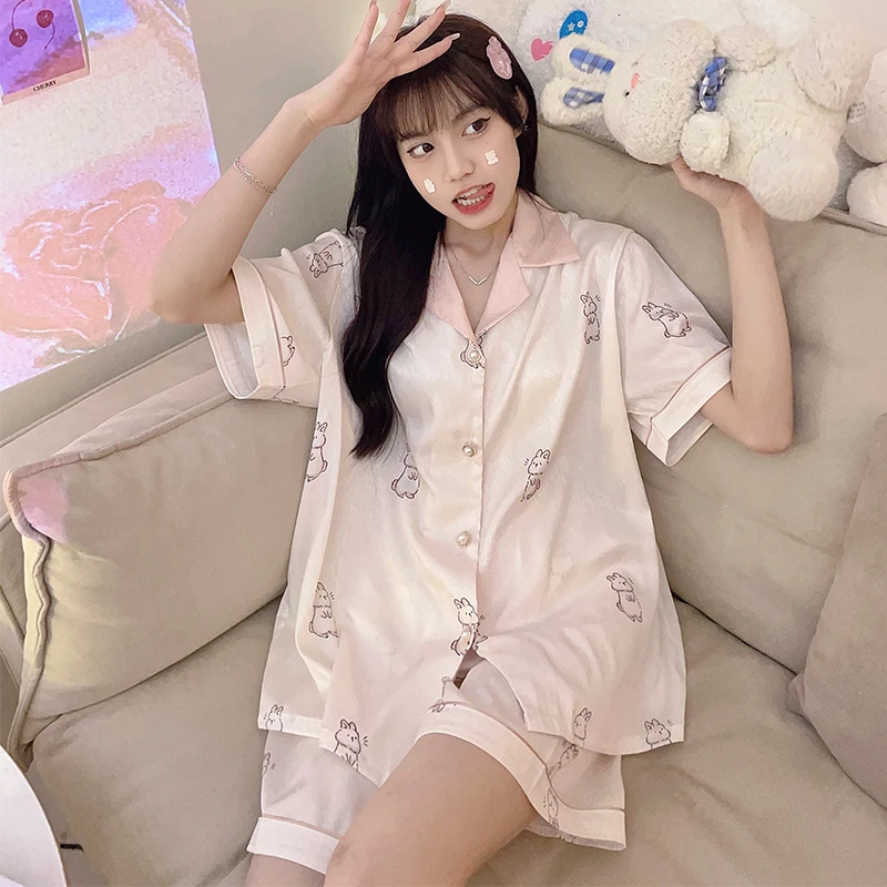冰丝宽松睡衣女夏季短袖2023年新款夏天大码可爱可外穿家居服薄