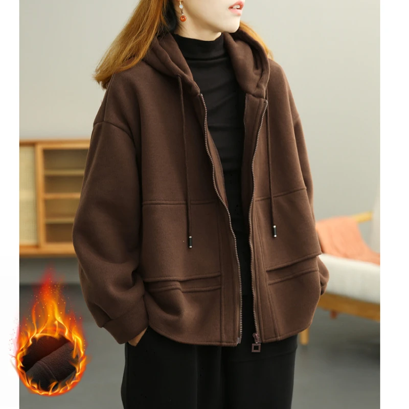 2024秋冬新款韩版大码加绒加厚卫衣女宽松显瘦百搭开衫连帽短外套