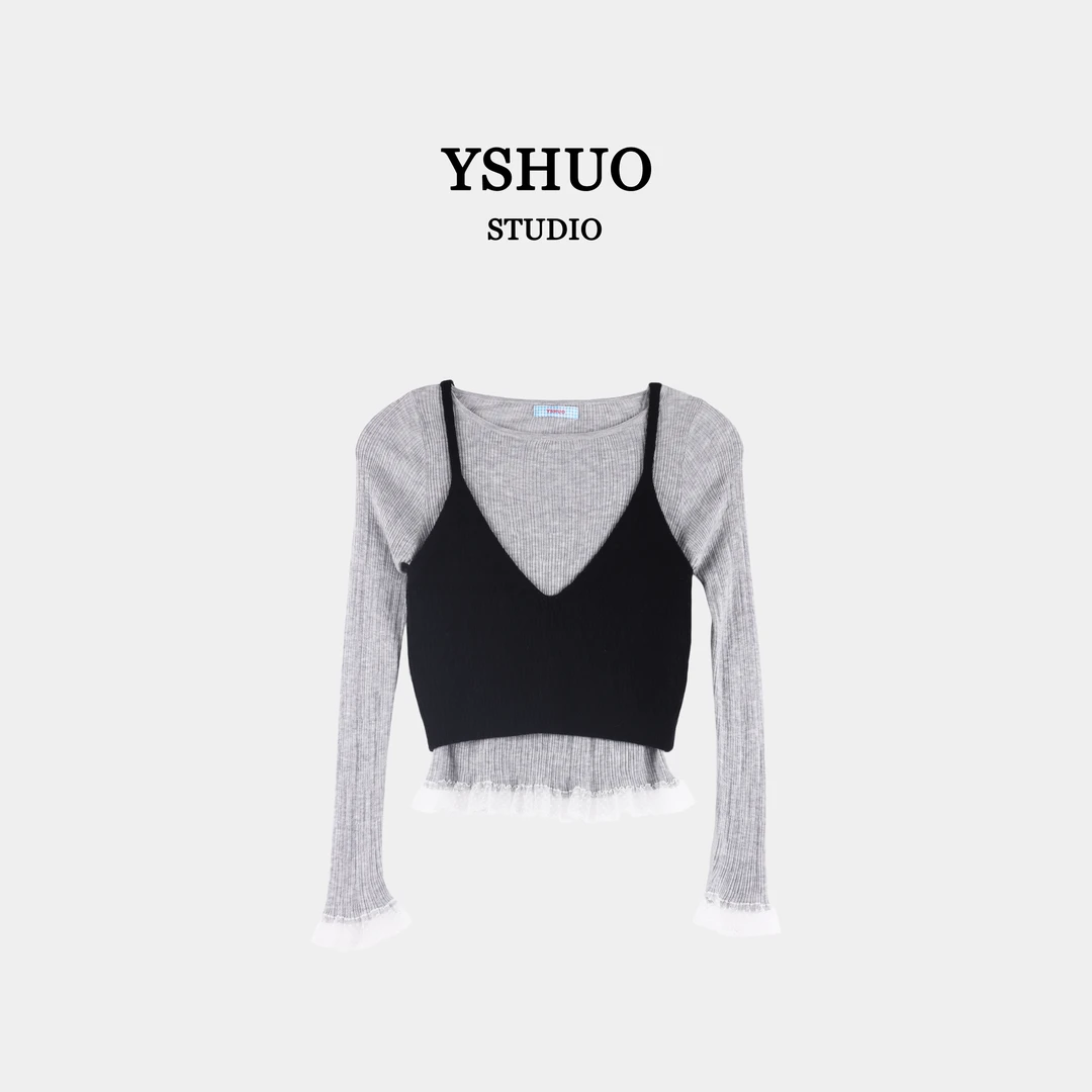 YSHUO【秋天来啦】秋款小众法式百搭复古蕾丝花边两件套上衣 24605