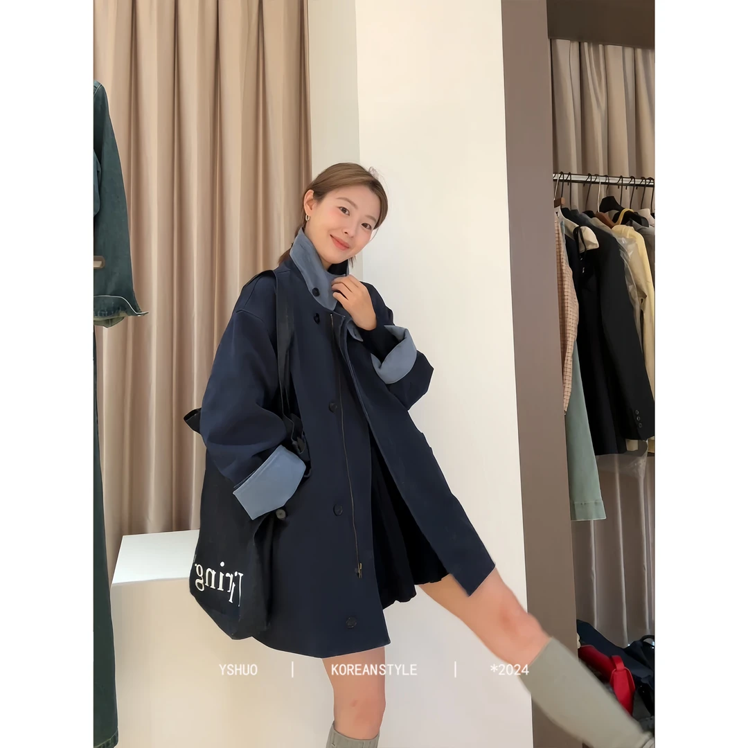 YSHUO【c位风衣】高级水洗蓝复古polo领外翻中长款英伦风衣  9127