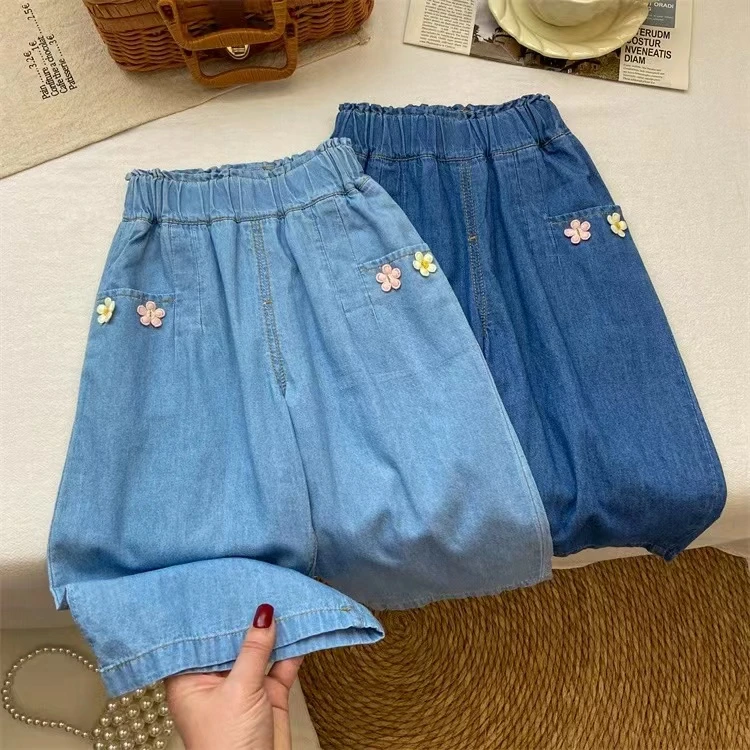 女夏装清凉夏季女童防蚊裤女中童天丝牛仔裤女直筒阔腿裤夏日穿搭