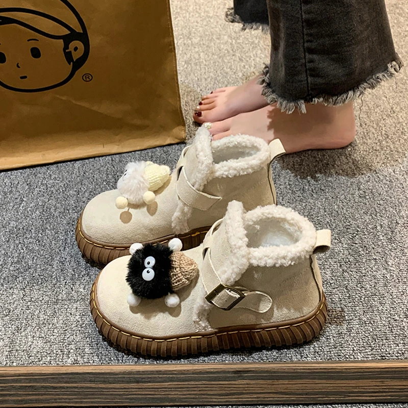 可爱毛球厚底毛毛雪地靴女2024秋冬季新款加绒加厚羊羔毛棉鞋短靴