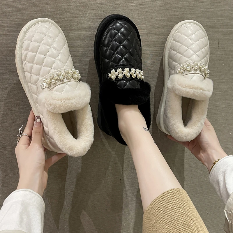 防水皮面单鞋女2023年秋冬新款一脚蹬加绒保暖雪地棉鞋珍珠毛毛鞋
