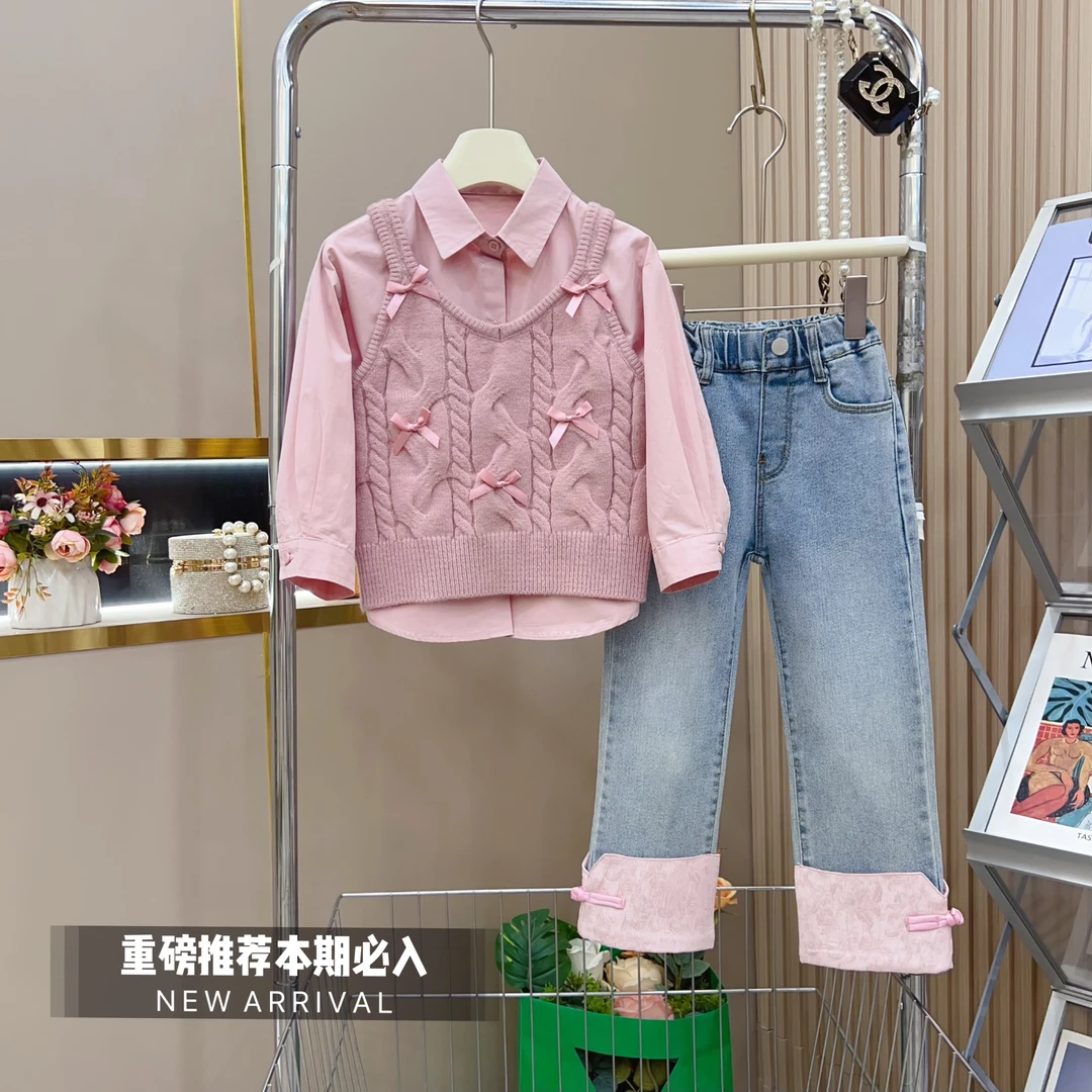 女童2024秋季新款韩版洋气毛衣背心+棉衬衫+直筒牛仔裤套装-9516