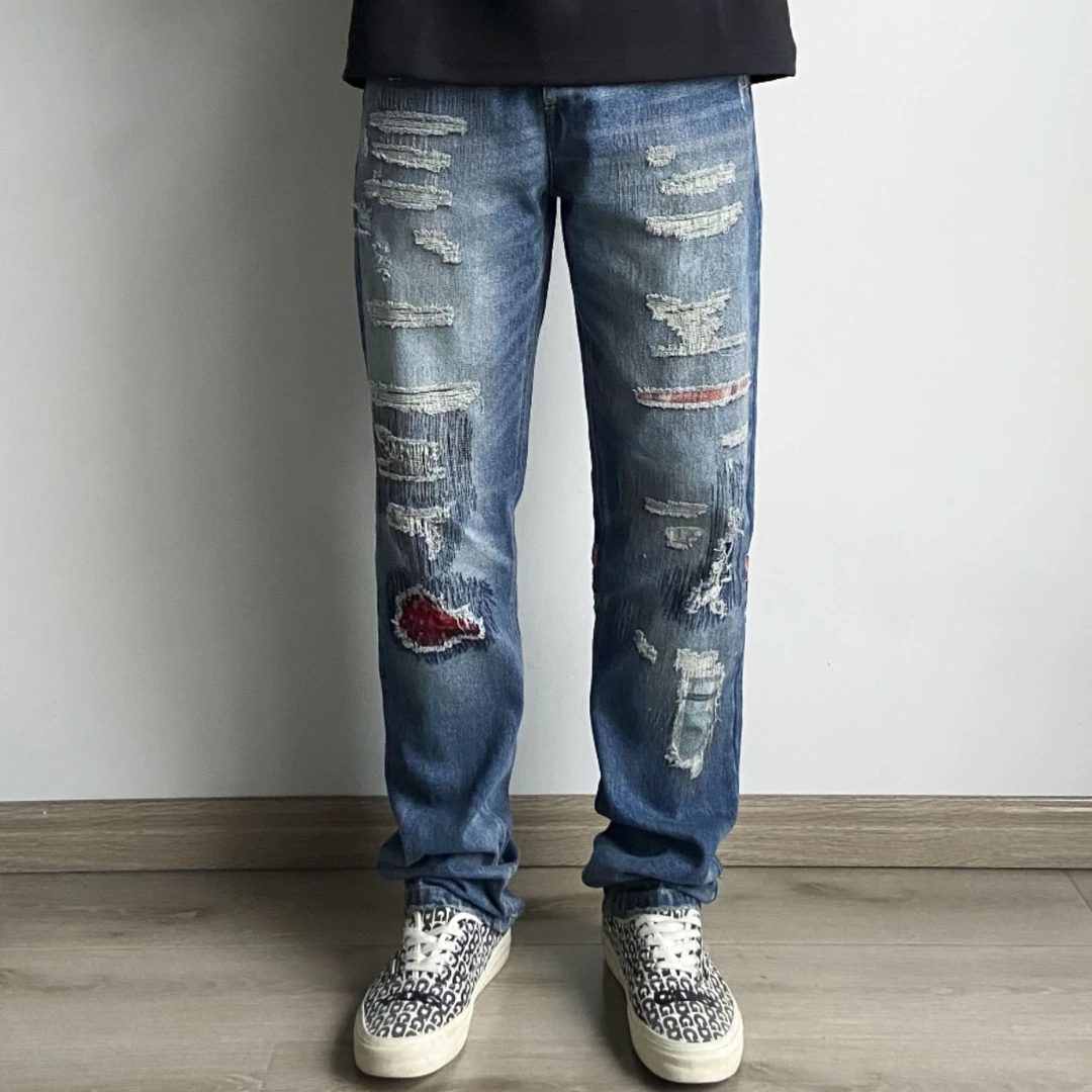 【新品】056冠希哥同款501平替长寿重工水洗做旧破洞补丁牛仔裤