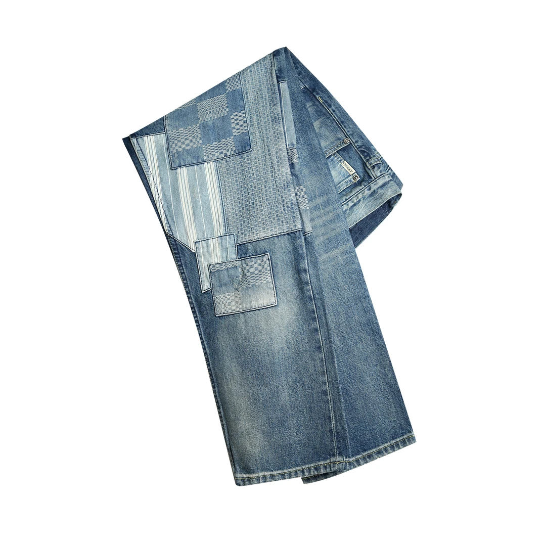 030 拼接直筒无弹牛仔裤男百塔