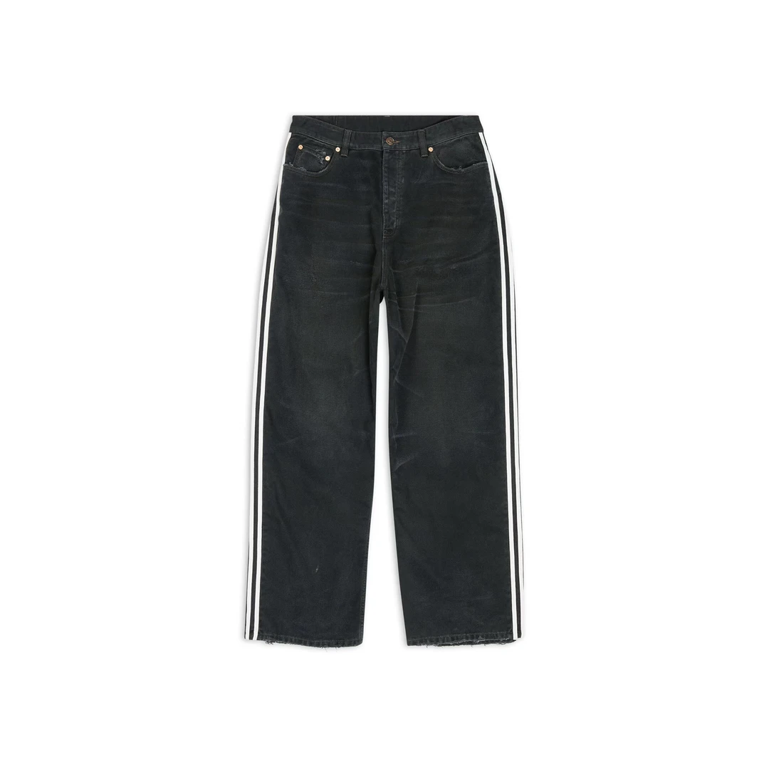 【原版开发】055巴黎经典三条杠元素拼接做旧水洗BAGGY PANTS牛仔裤