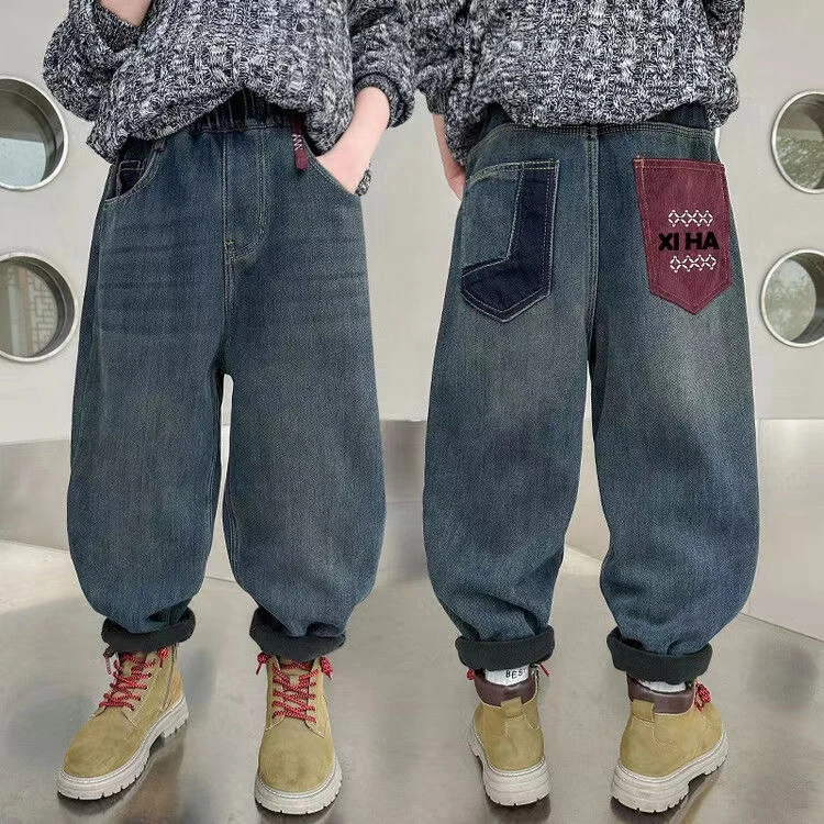【加绒】~秋冬款洋气男童加绒中大童休闲韩版牛仔裤3896
