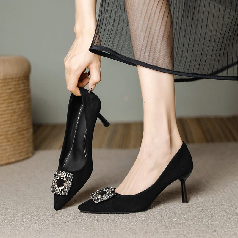 法式水钻浅口高跟鞋女2024秋新款尖头细跟百搭中跟不累脚气质女鞋