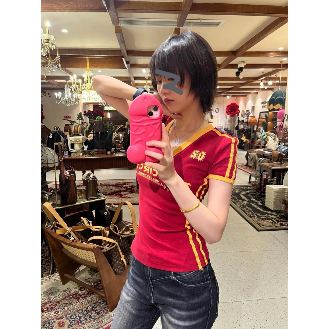 y2k辣妹正肩印花打底上衣女2024夏季新款修身显瘦收腰V领外穿t恤