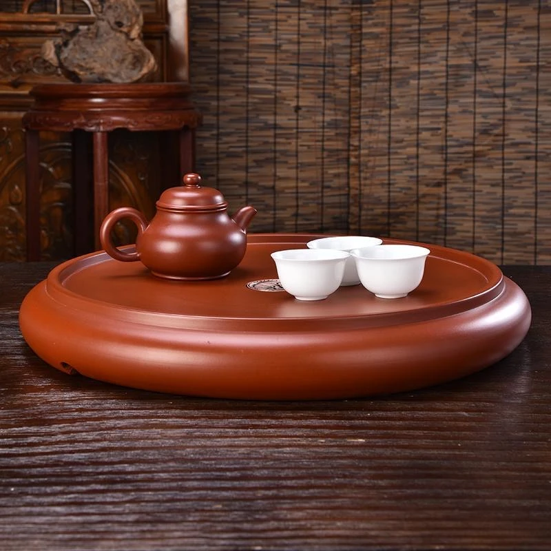 潮州全手工茶盘手工干泡功夫茶具创意明德园14寸朱泥茶盘圆形网红