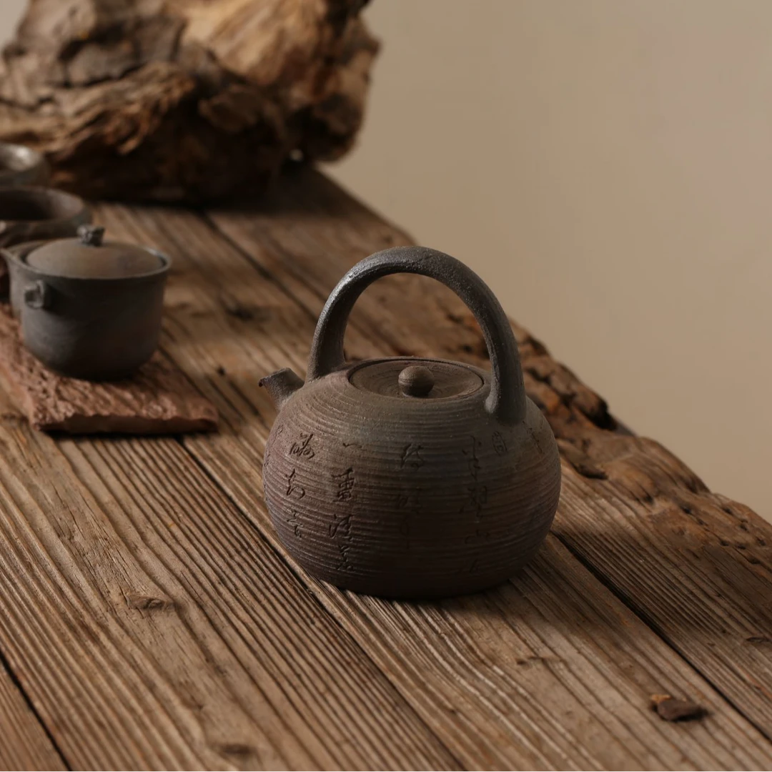 【一体式提梁】全手柴烧紫金陶潮州砂铫壶煮水藤编提梁壶功夫茶800c