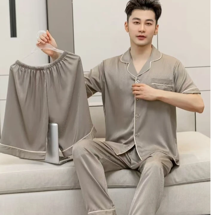 男士新款睡衣套装夏季休闲时尚三件套高端冰雪丝睡衣居家舒适简约