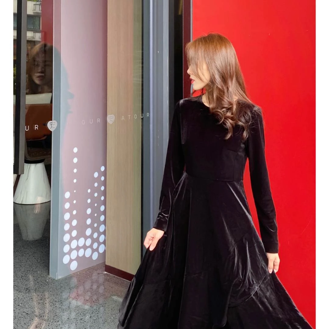 【黑天鹅】气质优雅长袖不规则鱼尾连衣裙1500248-4210811-001