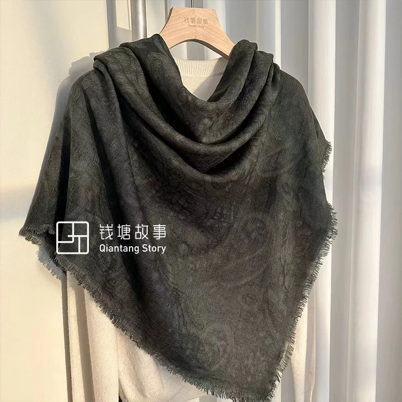 Qiantang Story/钱塘故事水溶羊毛-140方巾色织提花松绿围巾138cm