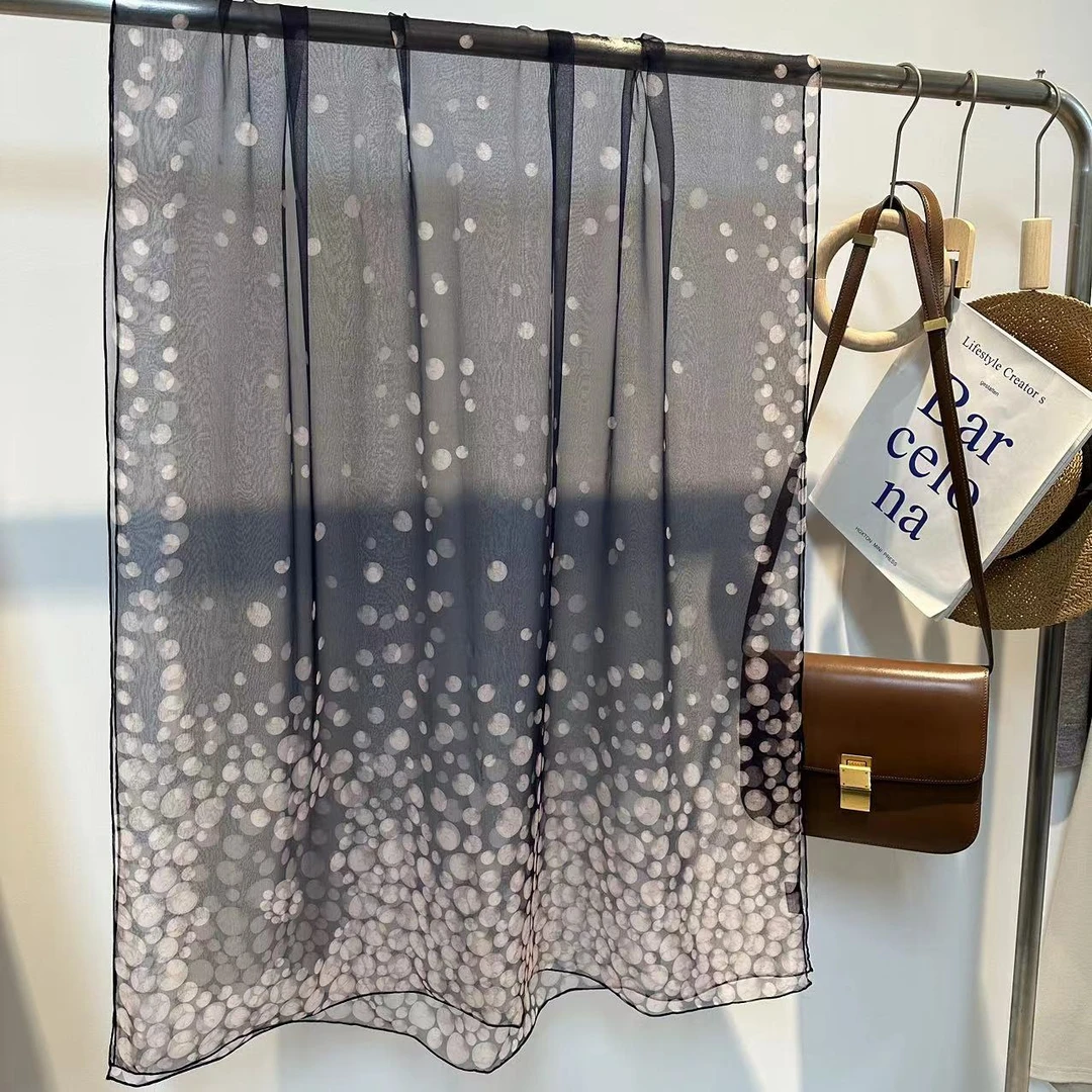 Qiantang Story/钱塘故事真丝长巾-乔琪藏蓝水晶波点8姆米86*180