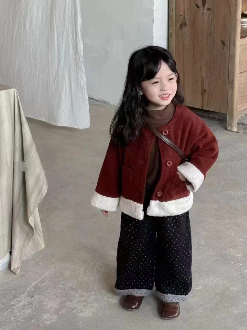 女童秋冬款时尚波点裤套装加绒
