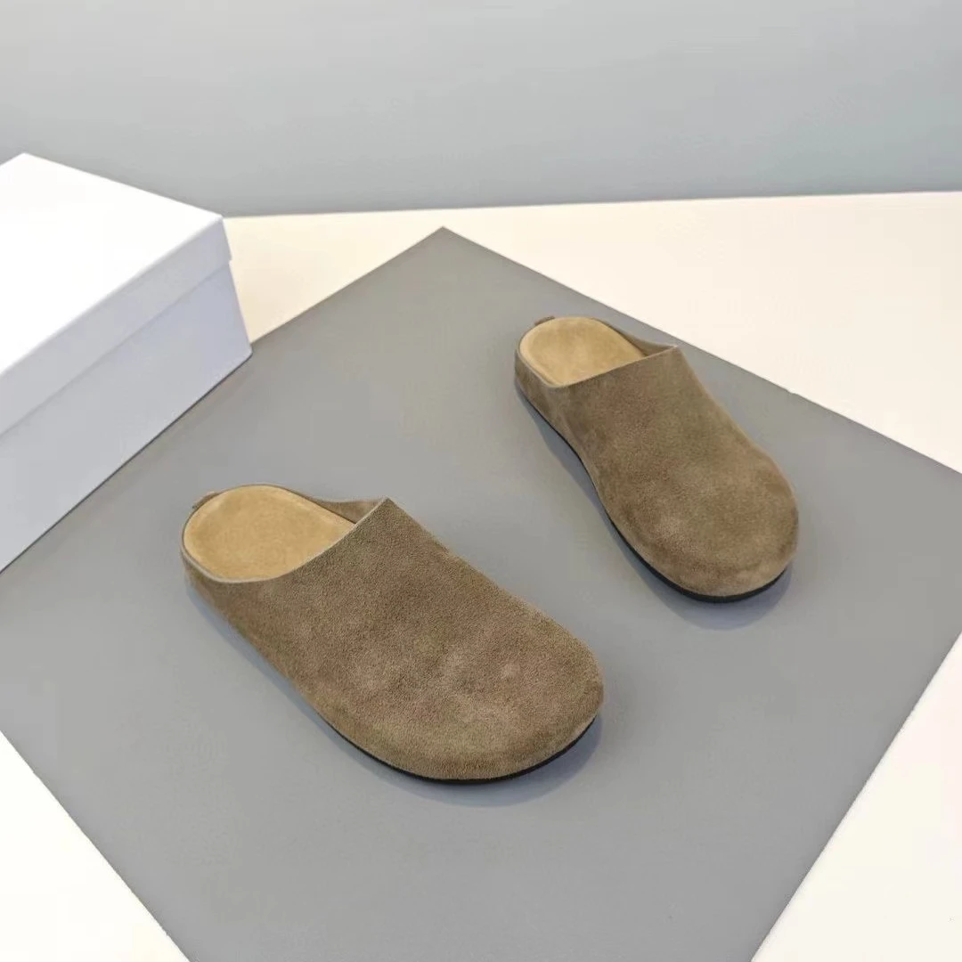 2024男女百搭复古真皮半拖穆勒鞋舒适勃肯鞋平底外穿休闲包头拖鞋